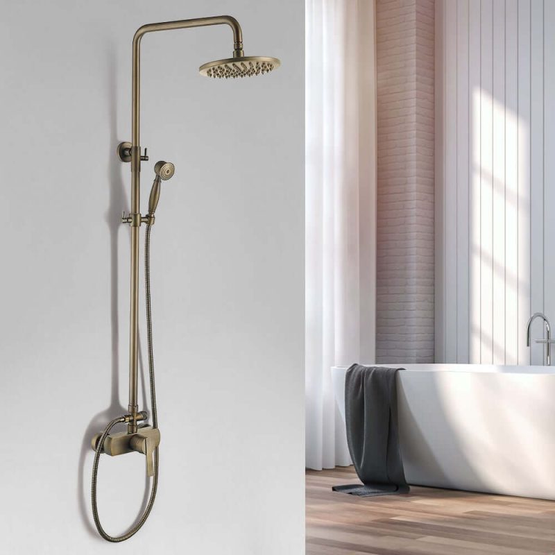 Antique Brass Exposed Wall Mount Shower System with 8" Rain Shower Head and Hand Shower