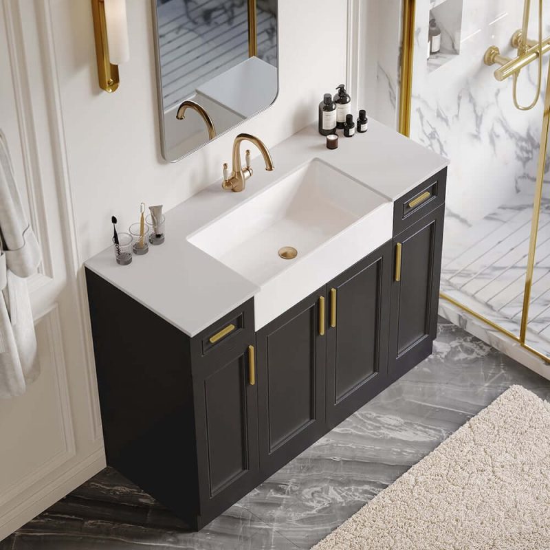 48" Black Freestanding Single Farmhouse Sink Bathroom Vanity with Stone Top