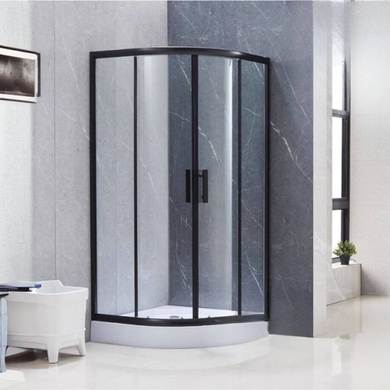 Chalk Polymerized Material Base Circular Shower Enclosure, Double Sliding, Clear Glass, Black, 35.4"L x 35.4"W x 76.8"H, Custom Product: Extra 7 Business Day Producing Time