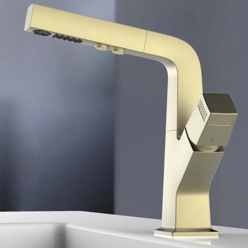 Brushed Gold Modern Single Hole Bathroom Sink Faucet Dual Function Pull-Out Spray Faucet