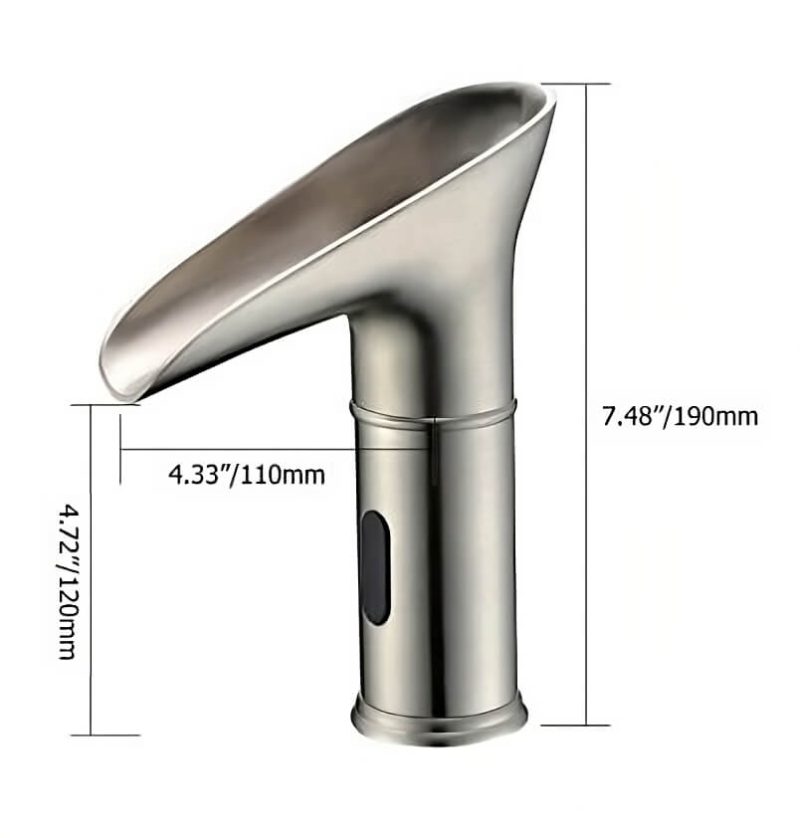 Dimension of LED Single Hole Touchless Bathroom Sink Waterfall Faucet in Brushed Nickel