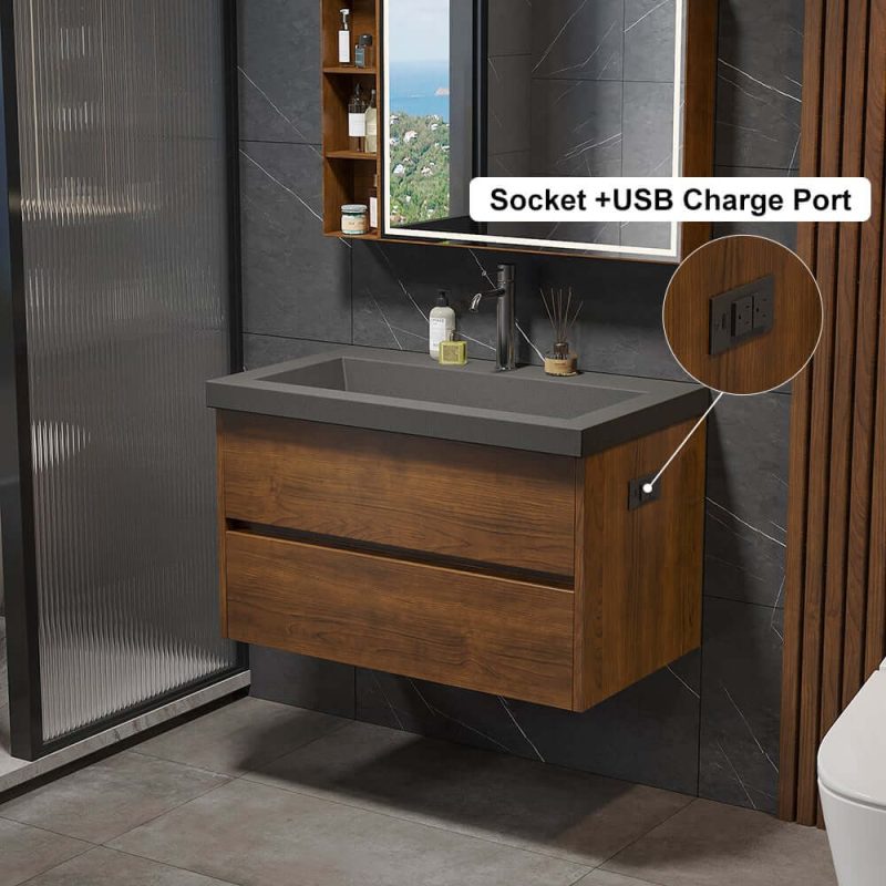 Bathroom Vanity Set 31.5" Modern Floating Concrete Bathroom Vanity Walnut with Sink