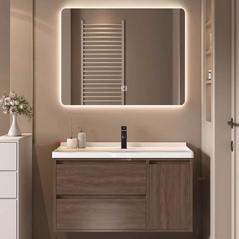 Brown Spill Proof Bathroom Vanity with No Shelves, 1 Door, 1 Mirror, Ceramic Countertop, and Rectangle Sink, 28"L x 20"W x 20"H, Vanity & Faucet & Smart Mirror