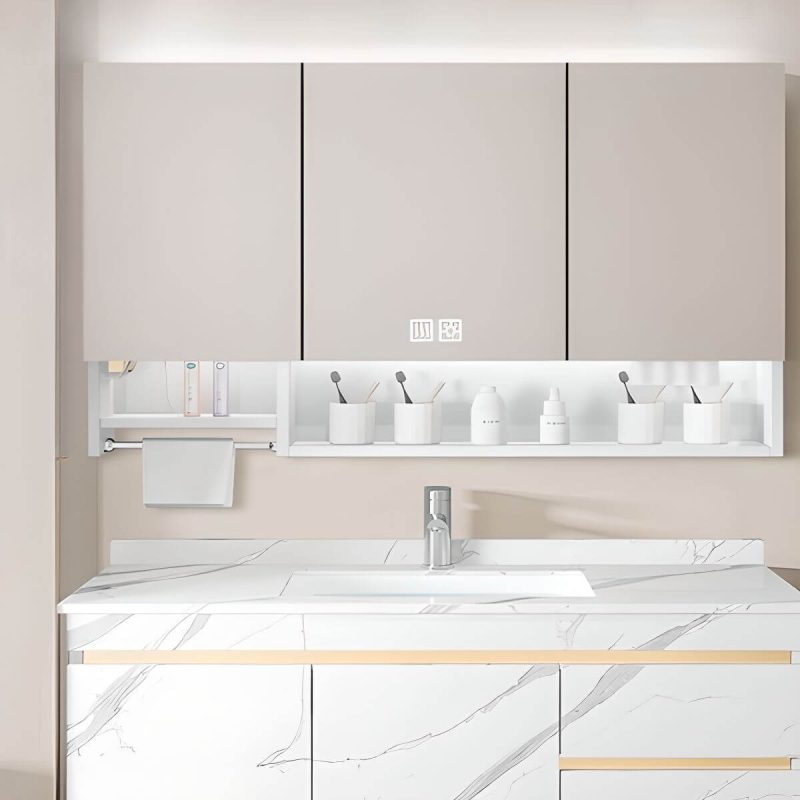Stainless Steel Rectangle White Medicine Cabinet with 8 Shelves, USB Outlet, Soft Close Door Hinge, and Illumination Light, Intelligent Medicine Cabinet, 59"L x 5"W x 35"H