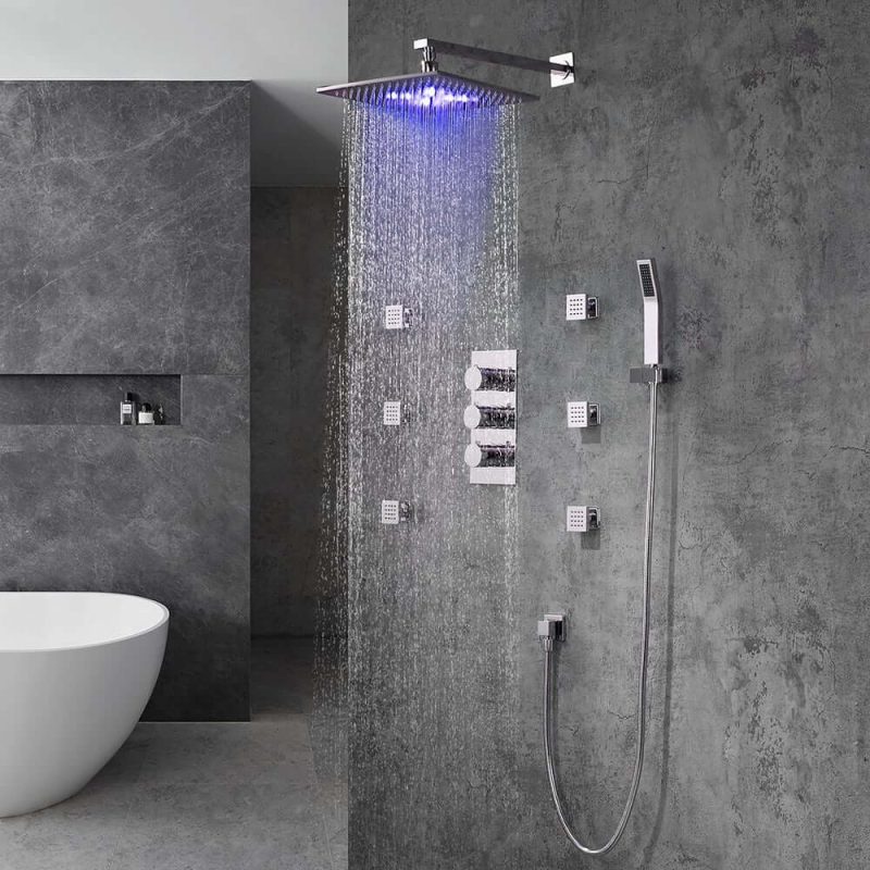 LED Wall Mount 12" Shower Set with Hand Shower & Body Spray Jets in Polished Chrome