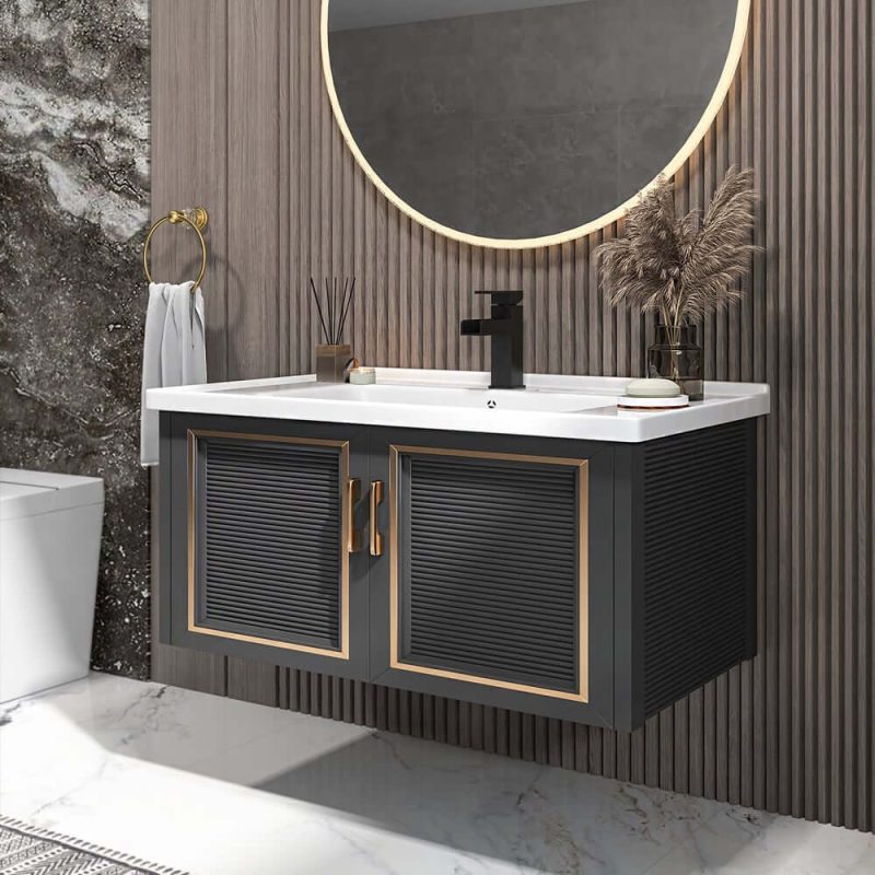 Bathroom Vanity Set 35.8" Floating Ceramic Bathroom Vanity Black with Sink