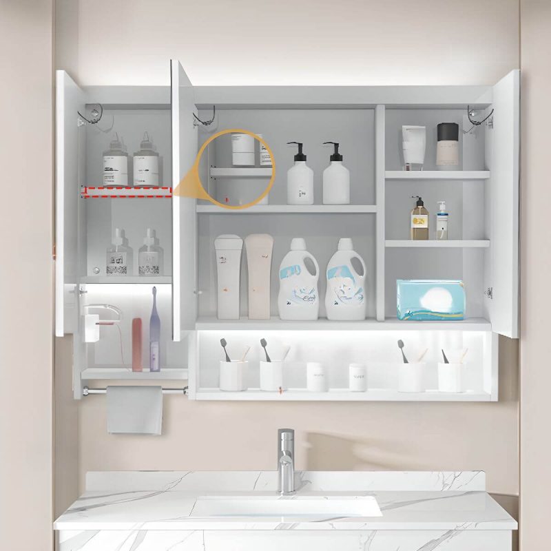 Stainless Steel Rectangular White Medicine Cabinet with 8 Shelves, Soft Close Door Hinge, Rainproof, and Specular Mirror, 47"L x 5"W x 35"H, Ordinary Mirror Cabinet