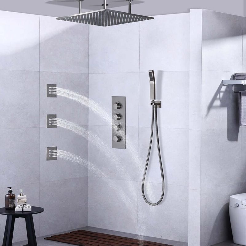 Modern Rain Thermostatic Brushed Nickel Shower Faucet Flush Mount Shower System with Hand Shower & Body Jets Solid Brass
