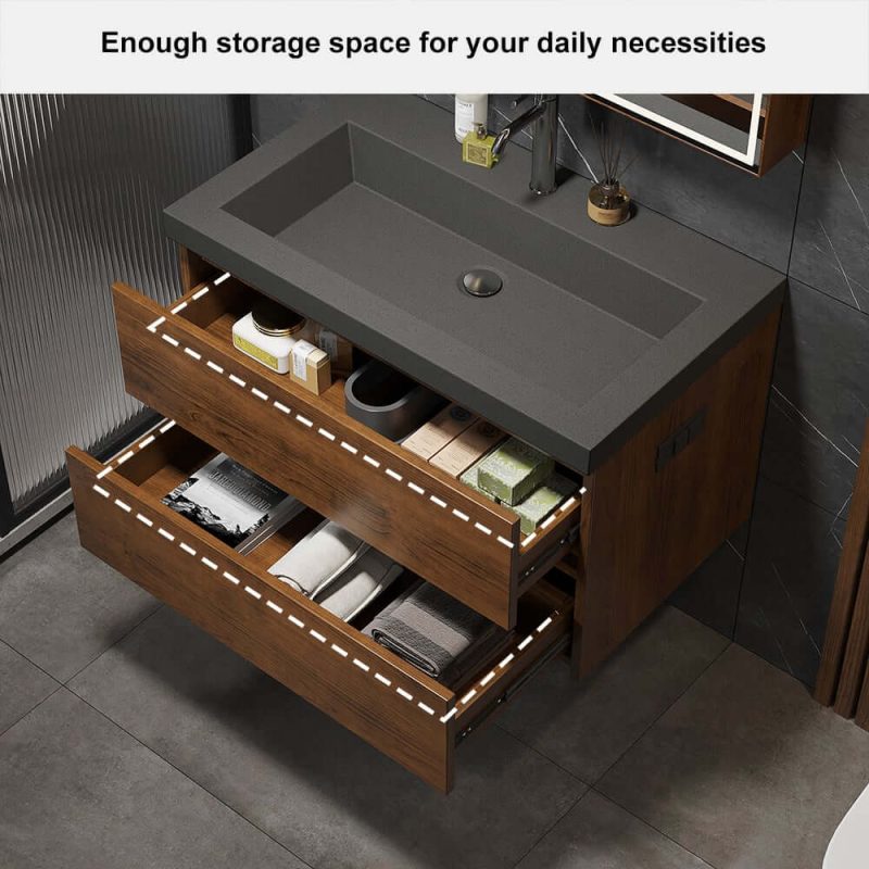 Bathroom Vanity Set 31.5" Modern Floating Concrete Bathroom Vanity Walnut with Sink