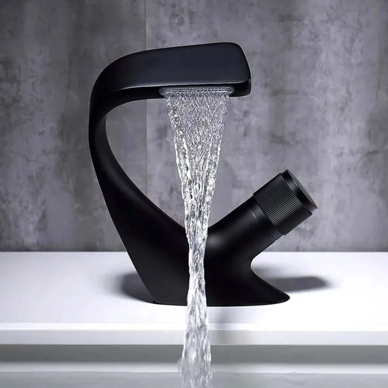 Waterfall Bathroom Sink Faucet Black Single Handle 1-Hole Brass