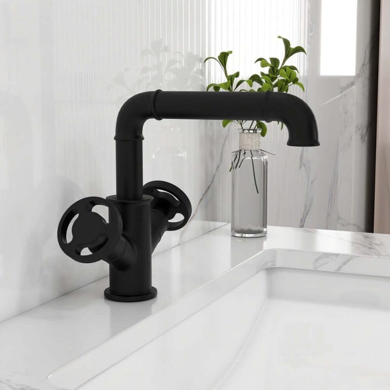 Ruth Industrial Pipe Matte Black 1-Hole Bathroom Sink Faucet Double Handles Solid Brass