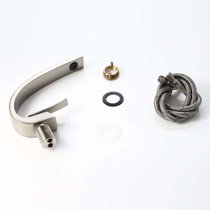 Modern Single Hole 1-Handle C-Shaped Curved Spout Bathroom Sink Faucet with Pop Up Drain in Brushed Nickel
