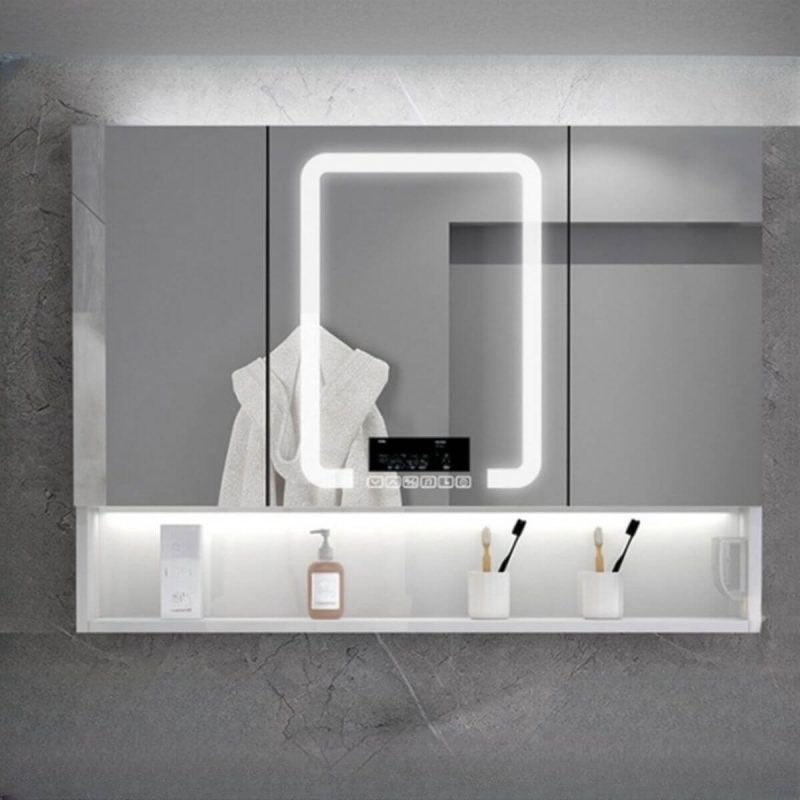 Stainless Steel Rectangular White Medicine Cabinet with 5 Shelves, USB Outlet, Soft Close Door Hinge, and Illumination Light, 59"L x 5"W x 31"H