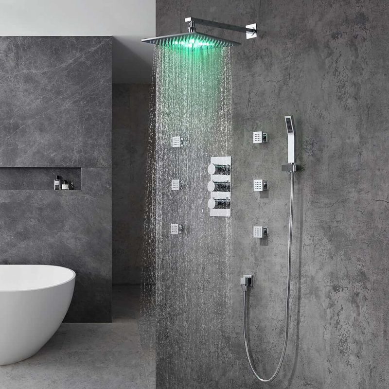 LED Wall Mount 12" Shower Set with Hand Shower & Body Spray Jets in Polished Chrome