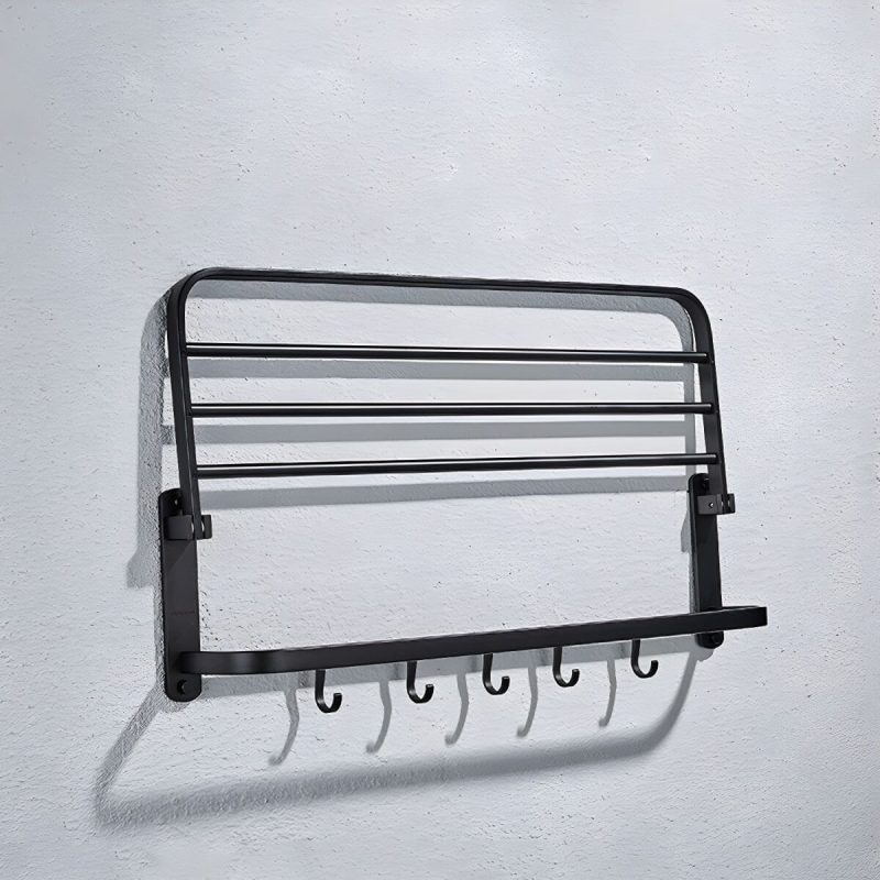 Modern Matte Black Bathroom Accessory Set with Towel Bar/Bath Shelf & Robe Hooks - Black Foldable Towel Rack
