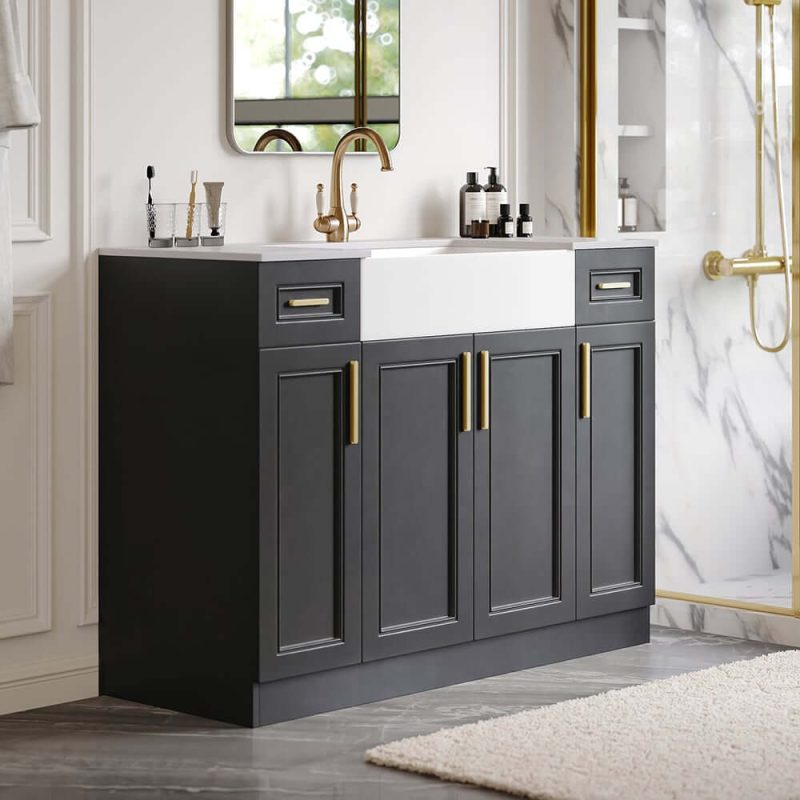 48" Black Freestanding Single Farmhouse Sink Bathroom Vanity with Stone Top