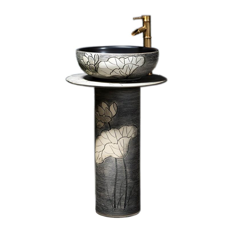 Modern Ceramic Circular Sink in Pedestal Style - Includes Faucet and Supply Lines - Sink Black Marble