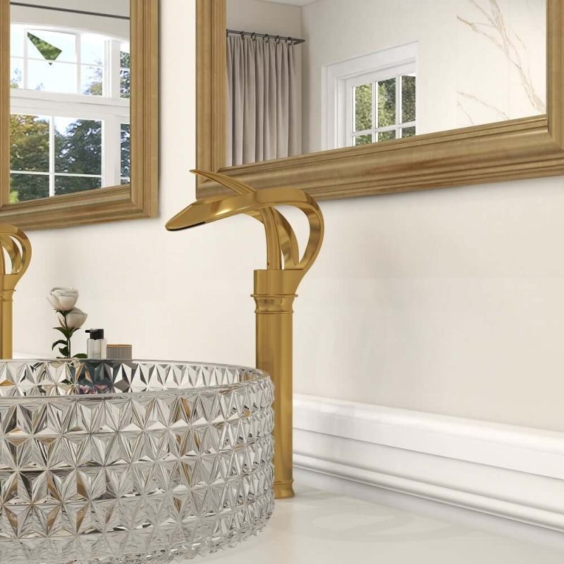 Modern Elegant Waterfall Bathroom Vessel Sink Faucet Single Handle Solid Brass in Gold