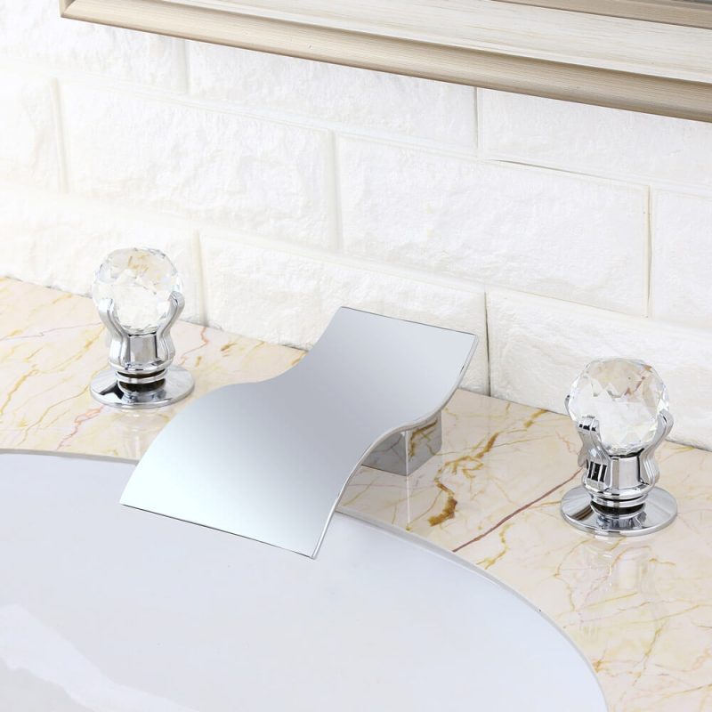 Deck Mount Widespread Waterfall 2 Crystal Handle Bathroom Sink Faucet Solid Brass