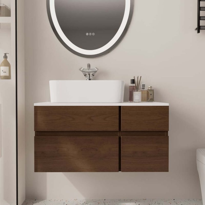 31.5" Walnut Floating Bathroom Vanity Faux Marble Top Ceramic Vessel Sink
