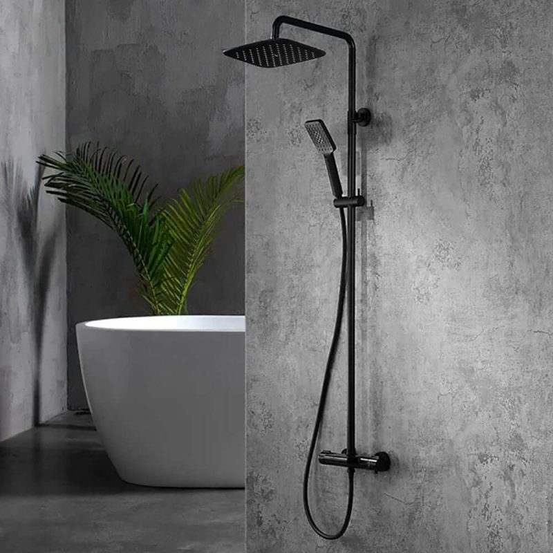 Modern Exposed Rainfall Thermostatic Shower Fixture with Hand Shower in Matte Black
