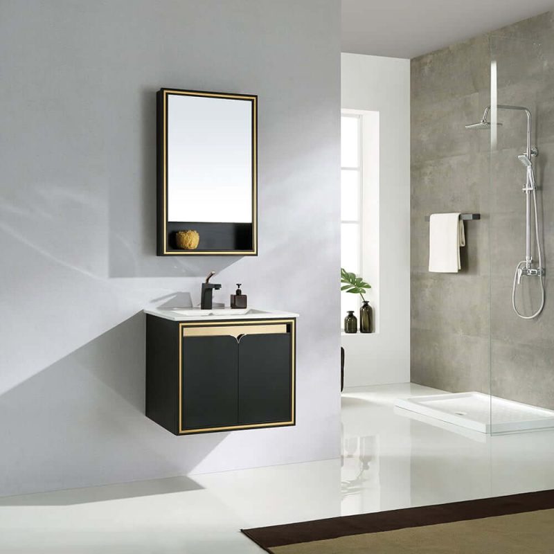 24" Floating Bathroom Vanity Set Ceramics Single Sink with Drain in Black & Gold