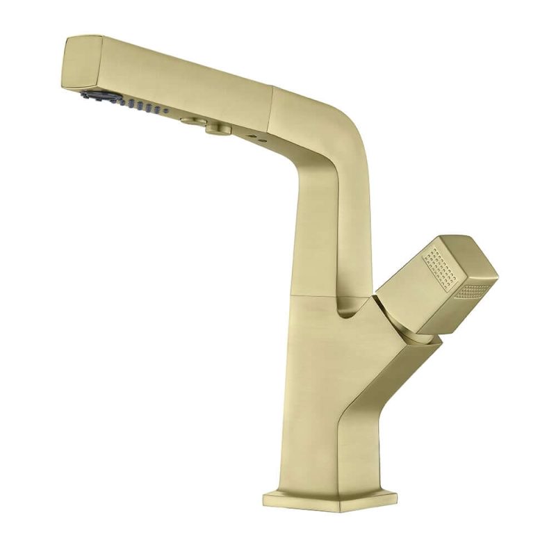 Brushed Gold Modern Single Hole Bathroom Sink Faucet Dual Function Pull-Out Spray Faucet