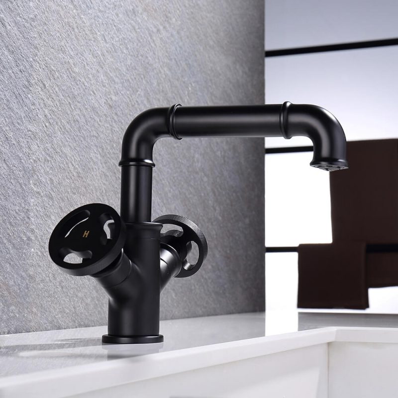 Ruth Industrial Pipe Matte Black 1-Hole Bathroom Sink Faucet Double Handles Solid Brass