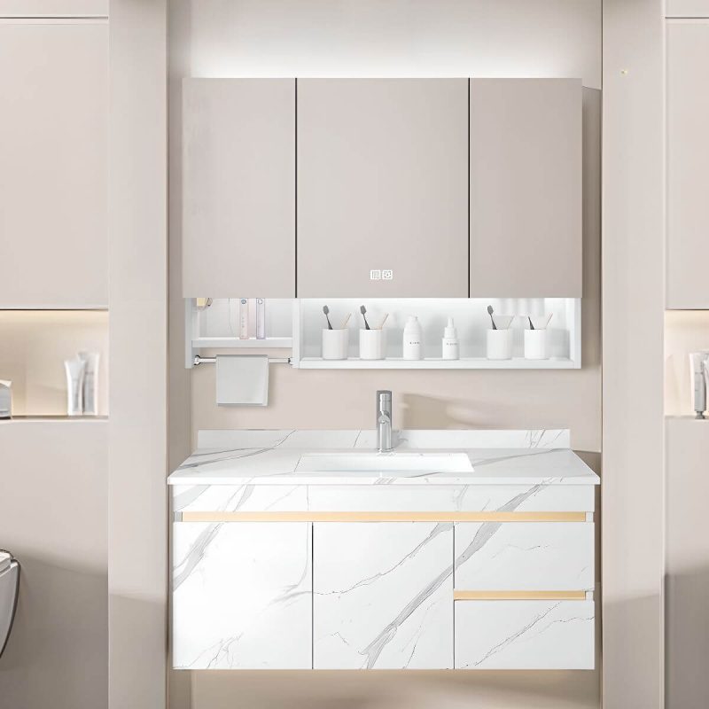 Stainless Steel Rectangular White Medicine Cabinet with 8 Shelves, Soft Close Door Hinge, Rainproof, and Specular Mirror, 51"L x 5"W x 35"H, Ordinary Mirror Cabinet