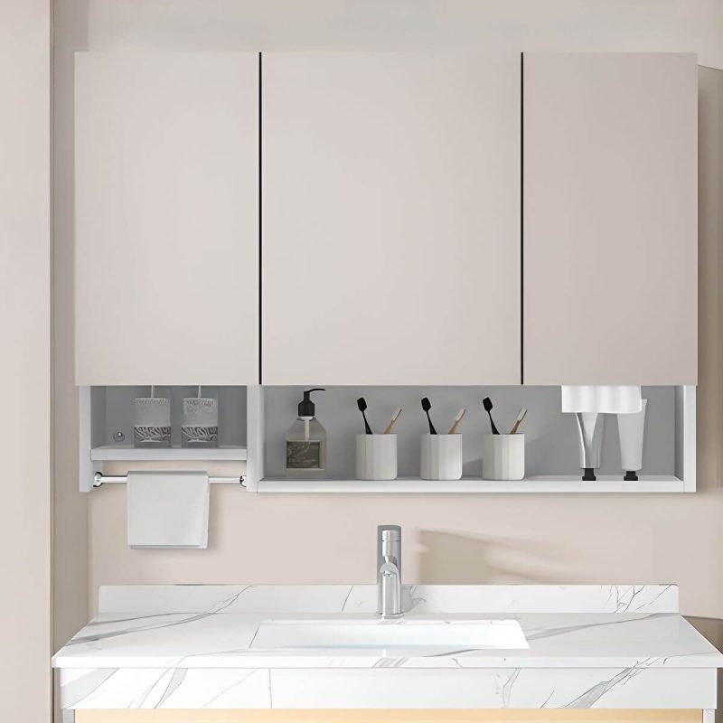 Stainless Steel Rectangular White Medicine Cabinet with 8 Shelves, Soft Close Door Hinge, Rainproof, and Specular Mirror, 51"L x 5"W x 35"H, Ordinary Mirror Cabinet