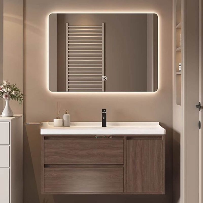 Brown Spill Proof Bathroom Vanity with No Shelves, 1 Door, 1 Mirror, Ceramic Countertop, and Rectangle Sink, 31.5"L x 20"W x 20"H, Vanity & Faucet & Smart Mirror