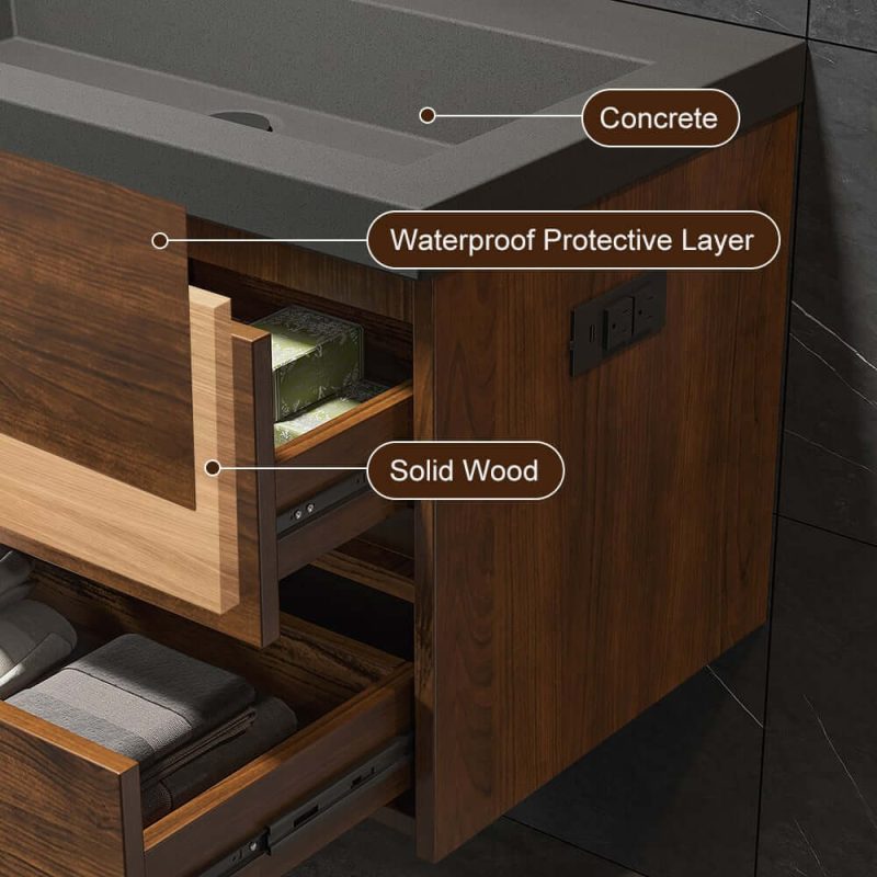 Bathroom Vanity Set 31.5" Modern Floating Concrete Bathroom Vanity Walnut with Sink