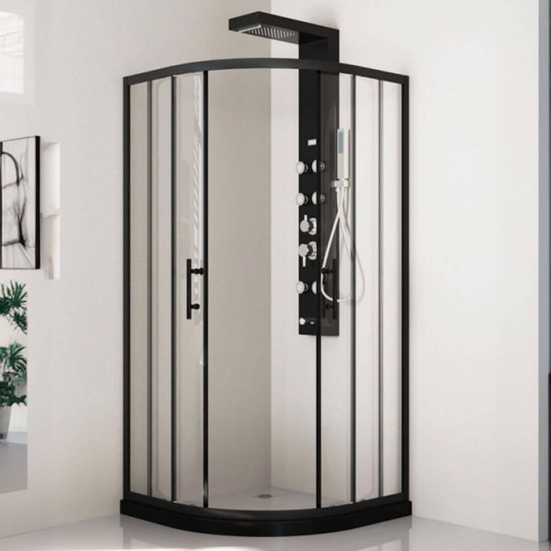 Polymerized Material White Base Orbicular Framed Striped Corner Shower Enclosure with Fixed Glass Panel, Black, 39.4"L x 39.4"W x 76.8"H, Custom Product: Extra 7 Business Day Producing Time