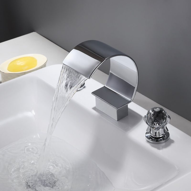 Mooni Chrome Waterfall Spout 2 Crystal Handle Widespread Bathroom Sink Faucet