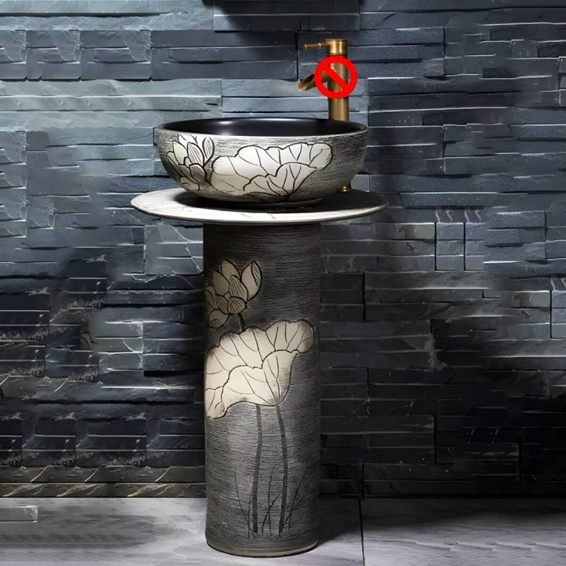 Modern Ceramic Circular Sink in Pedestal Style - Includes Faucet and Supply Lines - Sink Black Marble