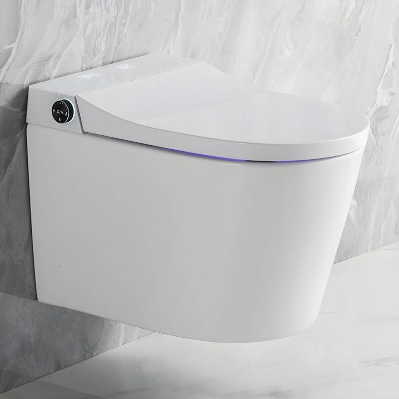 Modern Elongated Wall Hung Toilet Set with Remote Control Included - White Automatic Lid Bidet with High Water Tank