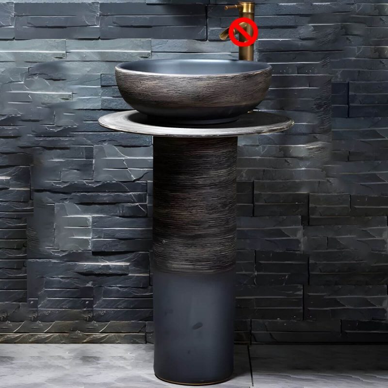 Modern Ceramic Circular Sink in Pedestal Style - Includes Faucet and Supply Lines - Sink Dark Gray Black