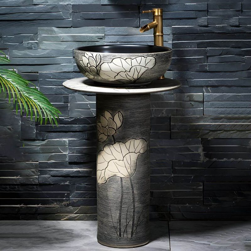 Modern Ceramic Circular Sink in Pedestal Style - Includes Faucet and Supply Lines - Sink with Faucet Black Marble
