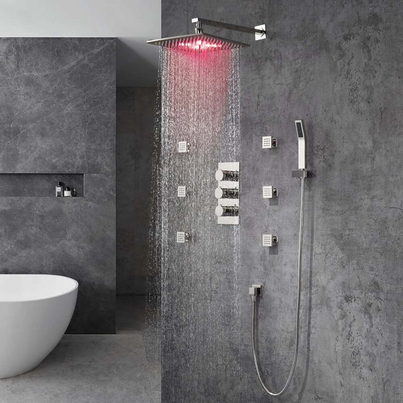 LED Wall Mount 12" Shower Set with Hand Shower & Body Spray Jets in Polished Chrome