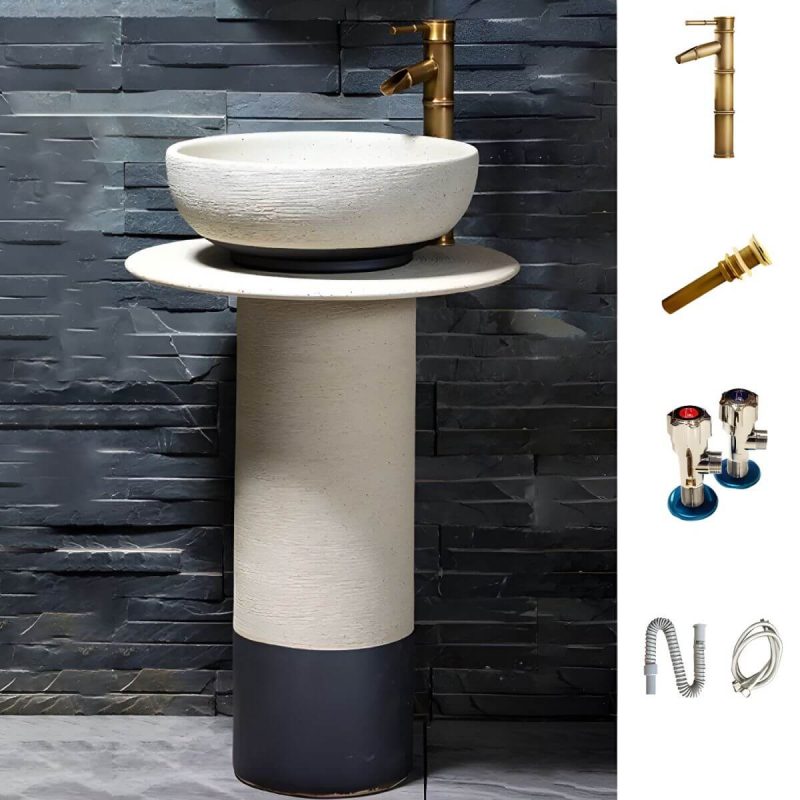Modern Ceramic Circular Sink in Pedestal Style - Includes Faucet and Supply Lines - Sink with Faucet Milky White-Black