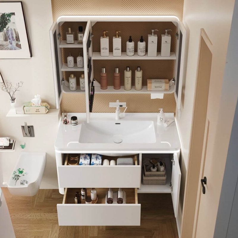 White Rainproof Bathroom Vanity with 1 Medicine Cabinet, Plug-in, Shelf, Backsplash, and 3 Doors, Vanity & Faucet & Mirror Cabinet, 36"L x 20"W x 20"H