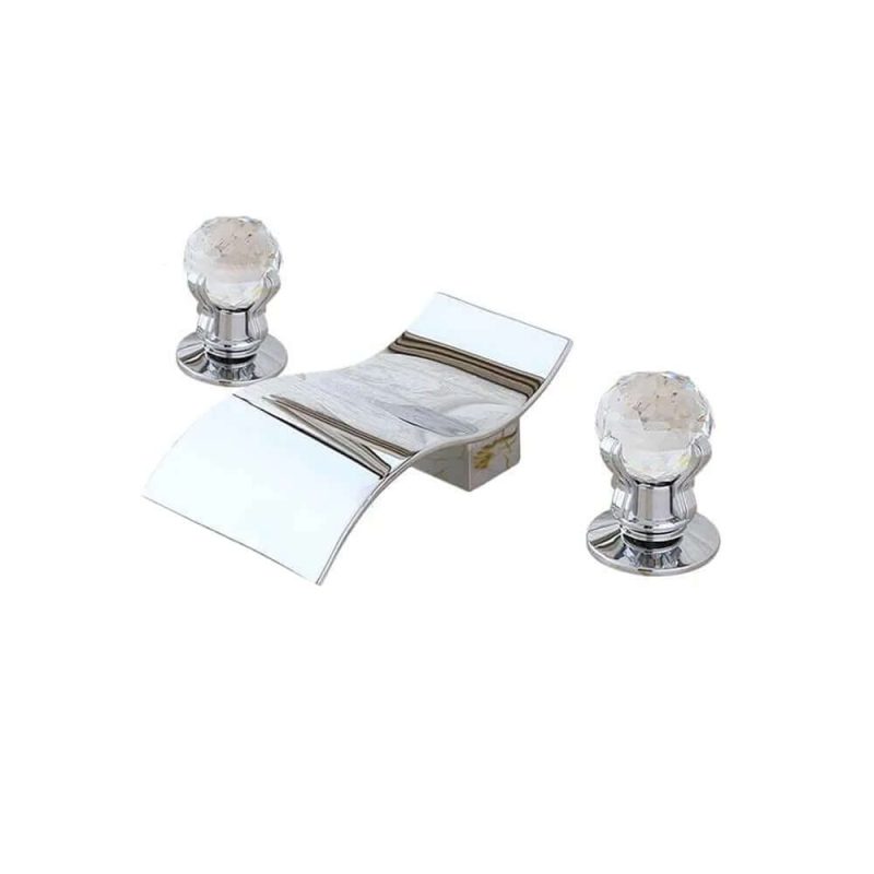 Deck Mount Widespread Waterfall 2 Crystal Handle Bathroom Sink Faucet Solid Brass