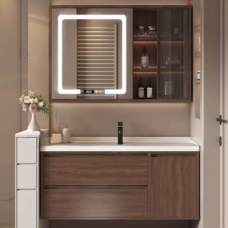 Brown Spill Proof Bathroom Vanity with 3 Shelves, 3 Doors, Ceramic Countertop, Rectangle Sink, and 2 Drawers, 35"L x 20"W x 20"H, Vanity & Faucet & Smart Half Mirror Cabinet