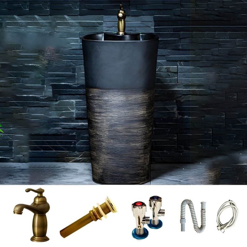 Modern Rectangular Ceramic Pedestal Sink - Includes Faucet and Supply Line - 42cm X 36cm X 79cm - Sink with Faucet Black/ Gold