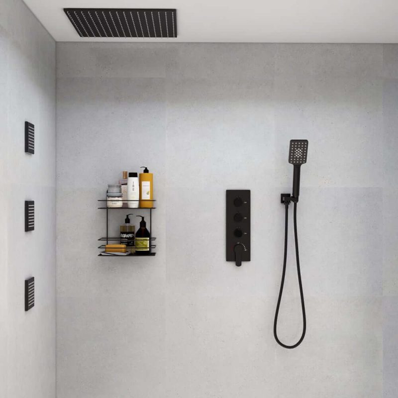 20'' Black Shower System Large Rainfall Shower Head with Hand Shower and 3 Body Jets