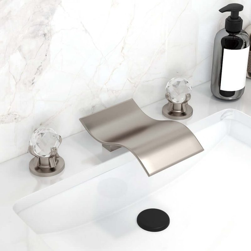 Deck Mount Widespread Waterfall 2 Crystal Handle Bathroom Sink Faucet in Brushed Nickel