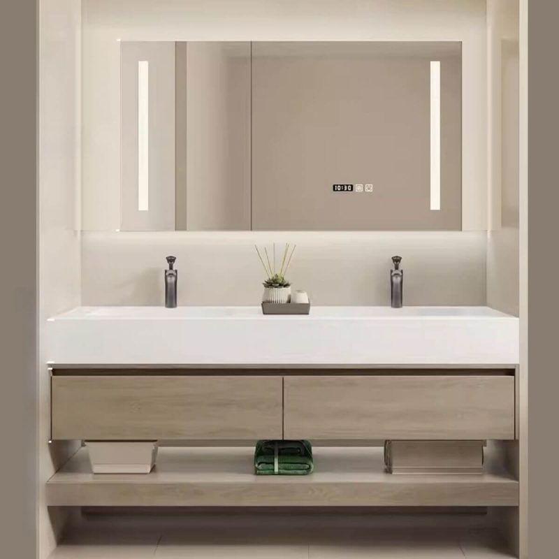 Art Deco Yellow Bathroom Vanity with Dove Grey Faucet, Stone Sink, 2 Doors, Soft Close Door Hinge, and 2 Drawers, 28"L x 20"W x 16"H, Vanity & Faucet & Smart Medicine Cabinet