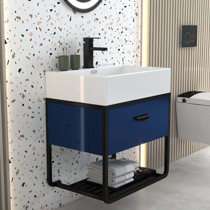 23.6" Blue Floating Bathroom Vanity Single Ceramic Undermount 1 Drawer 1 Shelf