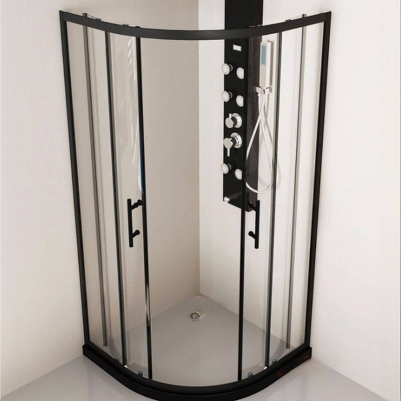 Synthetic Material Chalk Base Circular Framed Striped Corner Shower Enclosure with Fixed Glass Panel, Black, 35.4"L x 35.4"W x 76.8"H, Custom Product: Extra 7 Business Day Producing Time