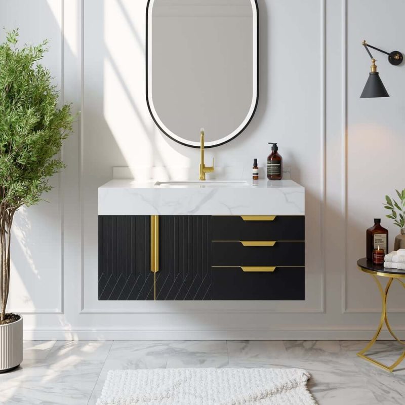 Aro 35" Black Wall Mounted Bathroom Vanity Single Sink Drawers Doors Faux Marble Top